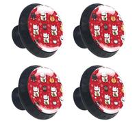 Lot de 4 boutons de tiroir Lucky Cats sans couture sur fond rouge 35 mm Base noire Boutons de commode Poignées de placard Poignées de quincaillerie pour cuisine, chambre à coucher, placard