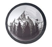 Lot de 4 boutons de tiroir ronds de 35 mm avec des montagnes derrière les bois, utilisés pour chambre à coucher, commode, armoire, cuisine, ABS, verre., Montagnes derrière les bois.,
