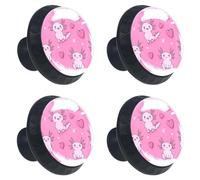 Lot de 4 boutons de tiroir sans couture Axolotl avec cœurs sur fond rose 35 mm Base noire Boutons de commode, poignées de placard pour cuisine, chambre à coucher, placard