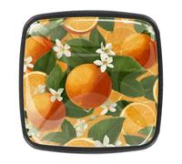 Lot de 4 boutons de tiroir sans couture en forme de fruits oranges avec fond de fleurs - Base noire - 30 mm - Boutons de commode - Poignées de placard pour cuisine, chambre à coucher, placard