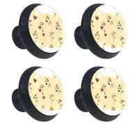 Lot de 4 boutons de tiroir sans couture en forme de petites feuilles avec cœurs sur fond jaune doux, base noire, 35 mm, poignées de commode, poignées de placard pour cuisine, chambre à coucher