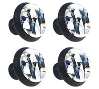 Lot de 4 boutons de tiroir sans couture en forme de pingouin sur fond blanc - Base noire - 35 mm - Pour commode, placard, cuisine, chambre à coucher, placard
