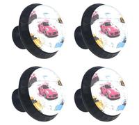 Lot de 4 boutons de tiroir sans couture en forme de voitures de sport avec fond brillant de 35 mm, base noire, boutons de commode, poignées de placard pour cuisine, chambre à coucher, placard
