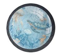 Lot de 4 boutons décoratifs pour armoire de cuisine, commode, tiroir, tiroir, tiroir, tiroir, commode, placard, motif tortue océanique, méduse et poisson