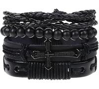 Lot de 4 bracelets en cuir tressé pour homme et femme - Motif arbre de vie - Style vintage - Réglable - Noir/marron - Taille unique - Bohême, One Size, Simili cuir, Oxyde de zirconium