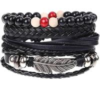 Lot de 4 bracelets en cuir tressé pour homme et femme - Motif arbre de vie - Style vintage - Réglable - Noir/marron - Taille unique - Bohême, One Size, Simili cuir, Oxyde de zirconium