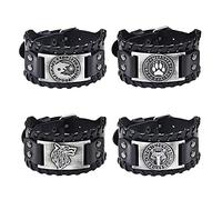 Lot de 4 bracelets viking en cuir médiéval avec loup Fenrir, Large, Simili cuir, Sans pierre précieuse