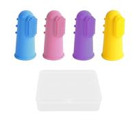 Lot de 4 brosses à dents pour animaux de compagnie avec 1 boîte de rangement - Brosse à dents pour les doigts et les chiens - En silicone souple - Petite brosse à dents pour chien (bleu, rose, violet