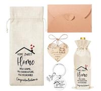 Lot de 4 Cadeaux de Pendaison de Crémaillère et Porte-Bonheur, Sac à Vin en Lin et Cœur en Bois pour Pâques et Carnaval, Kit Emménagement Maison Neuve avec Porte-clés et Enveloppe 2026