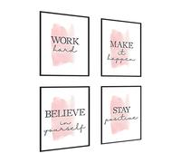 Lot de 4 cadres muraux avec citation inspirante « Stay Positive Make It Happen » - Peinture sur toile rose pour adolescente - Décoration de chambre à coucher ou bureau