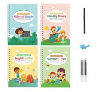 Lot de 4 cahiers d'entraînement à l'écriture manuscrite pour enfants d'âge préscolaire avec stylo gel en silicone et recharges (français non garanti)