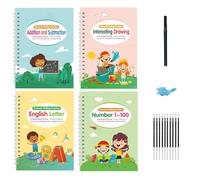 Lot de 4 cahiers d'entraînement à l'écriture manuscrite pour enfants d'âge préscolaire avec stylo gel en silicone et recharges (français non garanti)