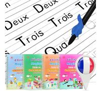 Lot de 4 cahiers d'entraînement d'écriture rainurés magiques pour enfants - Cahier d'entraînement de traçage pré-maternel en français réutilisable sans déchirures, livres d'auteur à 4 thèmes avec