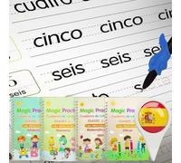 Lot de 4 cahiers d'entraînement d'écriture rainurés magiques pour enfants - Cahier d'entraînement de traçage pré-maternel espagnol, cahiers d'exercices réutilisables sans déchirures, 4 thèmes avec
