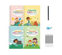 Lot de 4 cahiers d'exercices d'écriture rainurés réutilisables avec stylo magique, lettres et chiffres, dessin, calligraphie, bloc-notes d'éducation précoce pour enfants