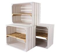 Lot de 4 caisses en bois blanc avec planche centrale flammée - Cagettes à fruits de style shabby chic avec étagère flammée - Étagère à chaussures, livres, caisses à fruits - 50 x 40 x 30 cm