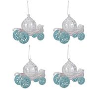 Lot de 4 carrosse de princesse de conte de fées pour votre sapin de Noël, aspect verre acrylique, décoration à suspendre avec détails pailletés en bleu, or rose, champagne ou argent (bleu glacial)