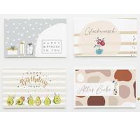 Lot de 4 cartes d'anniversaire avec enveloppes - Cartes pliantes de qualité supérieure 12 x 18 cm sur carton 300 g/m² - 4 motifs avec « Happy Birthday to you », « Félicitations » et « Alles Liebe
