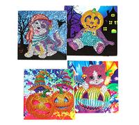 Lot de 4 cartes de vœux d'Halloween faites à la main DIY 5D Diamond Painting Cartes de vœux Halloween Grimasse Citrouille Diamant Painting Photos Carte Cadeau avec enveloppe