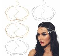 Lot de 4 chaînes de tête à paillettes style bohème antidérapant pour bal de fin d'année, bijou de cheveux rétro pour mariage, festival, accessoire de tête pour femmes et filles (doré, argenté)