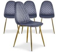 Menzzo Chaises Norway – Velours argent matelassées, assise confortable, pieds métal doré – Lot de 4