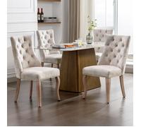 Lot de 4 Chaises Capitonnées Beige en Velours - Style Classique & Design - Pieds en Bois - Chaises de Salle à Manger, Salon