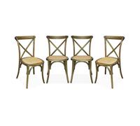 sweeek - Lot de 4 chaises de bistrot en Bois d'hévéa Marron Vieilli. Vintage. Assise en rotin. empilables