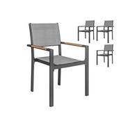Lot de 4 chaises de jardin assise dossier textilène structure alu accoudoirs revêtement PVC effet bois Gris