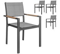 Lot De 4 Chaises De Jardin Assise Dossier Textilène Structure Alu Accoudoirs Revêtement Pvc Effet Bois