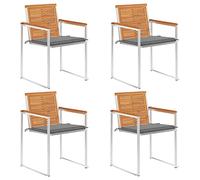 Lot de 4 chaises de jardin avec coussin, bois d'acacia massif, finition à l'huile, aspect teck, acier inoxydable 304, empilables, résistantes aux intempéries, pour jardin et terrasse, grises