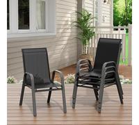 Lot de 4 chaises de Jardin empilable,Fauteuil de Jardin Exterieur en Textilène,Carde Métal,Dossier Haut,Anti-rouille,jusqu'à 150Kg,Chauffeuse pour Balcon,Terrasse,Piscine,Bar(93x74x54cm,Noir)