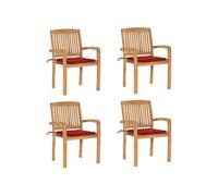 Lot de 4 Chaises de Jardin Empilables avec Coussins, Sièges de Terrasse, Chaises de Salle à Manger, Meubles de Patio Extérieur, Teck Solide