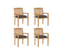 Lot de 4 Chaises de Jardin Empilables avec Coussins, Sièges de Terrasse, Chaises de Salle à Manger, Meubles de Patio Extérieur, Teck Solide