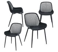 Lot de 4 chaises de jardin VERDE fauteuil d'extérieur en plastique et pieds noir en métal, dossier aéré, poids max. 150 Kg