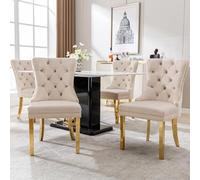 Lot de 4 chaises de salle à manger, cuisine, salon, avec heurtoir de porte unique à l'arrière, rembourrées, pieds en acier inoxydable doré, housse en velours Beige/doré