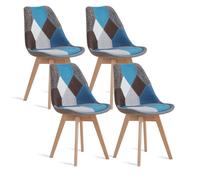 Lot de 4 chaises de salle à manger - Scandinave - Pieds en bois - Lin patchwork - Bleu - Chaise de cuisine