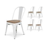 Lot de 4 chaises en métal blanc mat et assise en bois clair - Style industriel