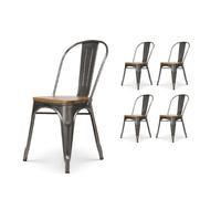 Lot de 4 chaises en métal brut aspect galvanisé et assise en bois clair - Style industriel