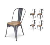 Lot de 4 chaises en métal gris argenté et assise en bois clair - Style industriel