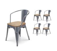 Lot de 4 chaises en métal gris argenté style industriel avec assise en bois clair - Avec accoudoirs
