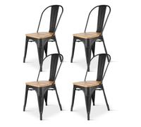 Lot de 4 chaises en métal noir mat et assise en bois clair - Style industriel