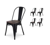 Lot de 4 chaises en métal noir mat et assise en bois foncé - Style industriel