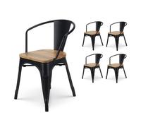 Kosmi Lot de 4 chaises en métal Noir Mat Style Industriel avec Assise en Bois Clair - avec accoudoirs