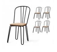 Lot de 4 chaises en métal noir mat style industriel et assise en bois clair - Pieds en épingle