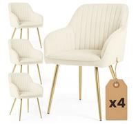 Lot de 4 Chaises en velours à surpiqûres FLORENCE Crème pieds dorés