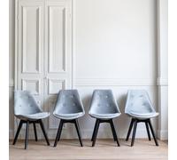 Happy Garden - Chaises NORA - Velours gris, lot de 4 avec coussin, pieds noirs hêtre massif