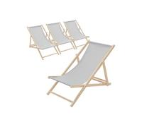 ECD Germany Lot de 4 Chaises Longues Pliantes en Bois Chiliennes, Gris Clair, Dossier Réglable, 3 Positions de Couchage, jusqu'à 120kg, Bain de Soleil en Tissu pour la Plage Jardin Terrasse Camping