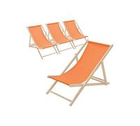 ECD Germany Lot de 4 Chaises Longues Pliantes en Bois Chiliennes, Orange, Dossier Réglable, 3 Positions de Couchage, jusqu'à 120kg, Bain de Soleil en Tissu pour la Plage Jardin Terrasse Camping