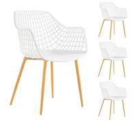 Lot de 4 chaises LUCIA pour salle à mange design retro avec accoudoirs, coque en plastique blanc et pieds en métal décor chêne
