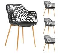 Lot de 4 chaises LUCIA pour salle à mange design retro avec accoudoirs, coque en plastique noir et pieds en métal décor chêne